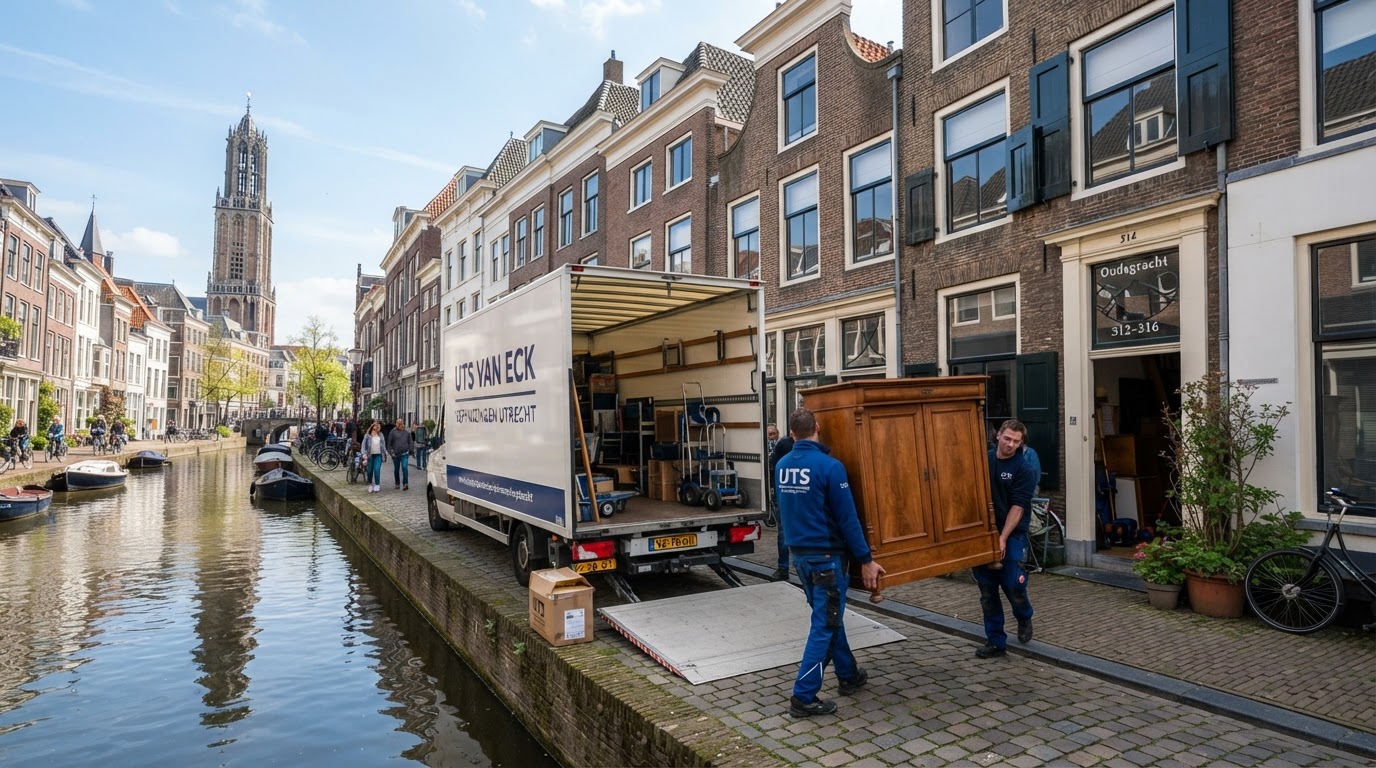 Verhuiswagen geparkeerd in een smalle Utrechtse binnenstadstraat met historische grachtenpanden