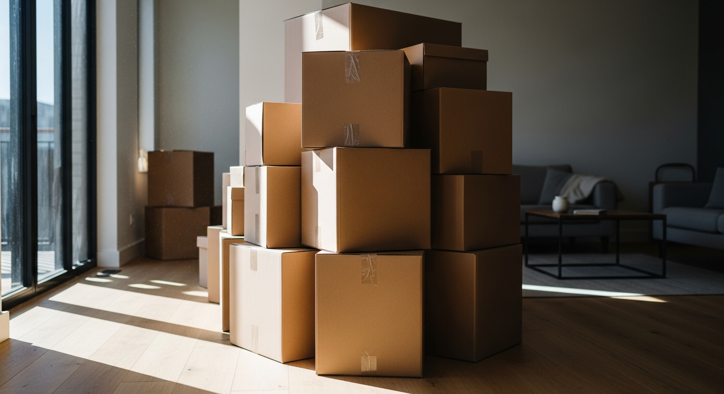Klaarstaande verhuisdozen voor een snelle spoedverhuizing in een moderne woning