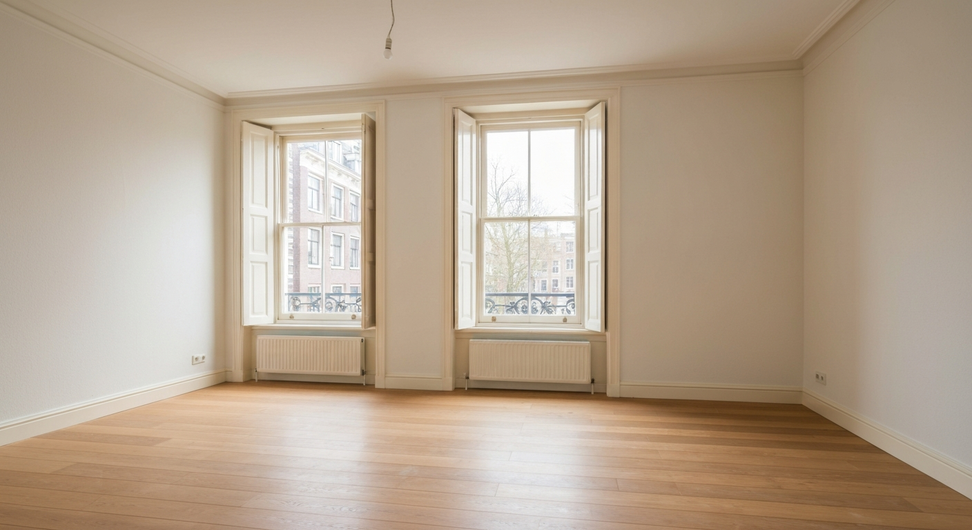 Lege, schone woonkamer na een woningontruiming in Amsterdam