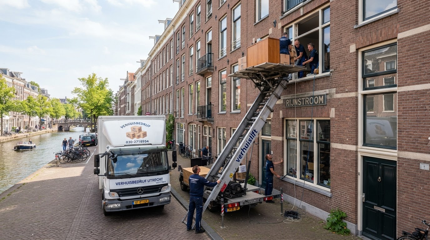 Verhuislift in gebruik bij een Utrechtse appartementencomplex, verhuizers tillen meubels door een raam op een hogere verdieping