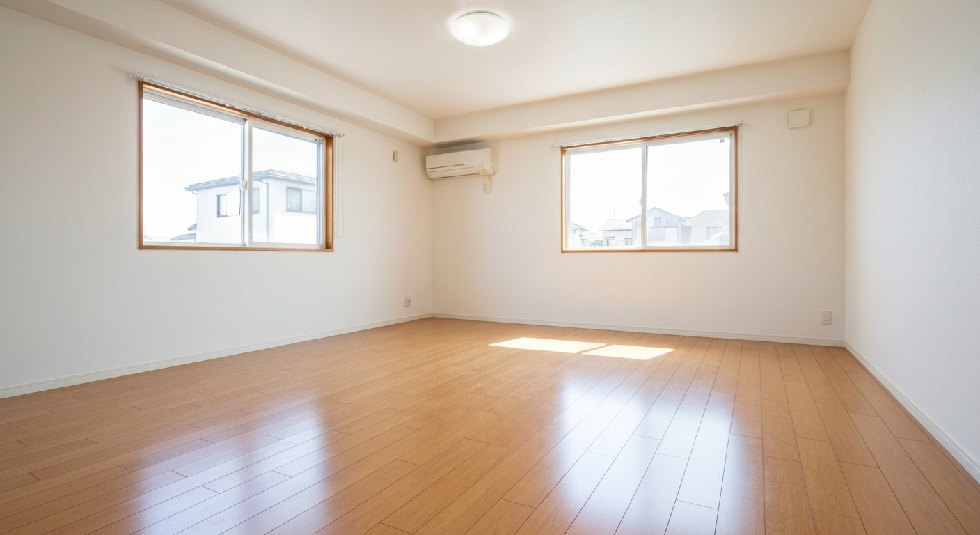 Lege, bezemschoon opgeleverde woonkamer met houten vloer