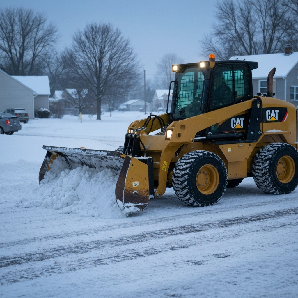 Caterpillar equipment clearing snow in a residential area