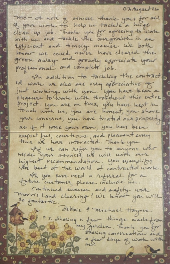 Handwritten thank you letter from Debbie & Michael Haynes to Morris Land Clearing