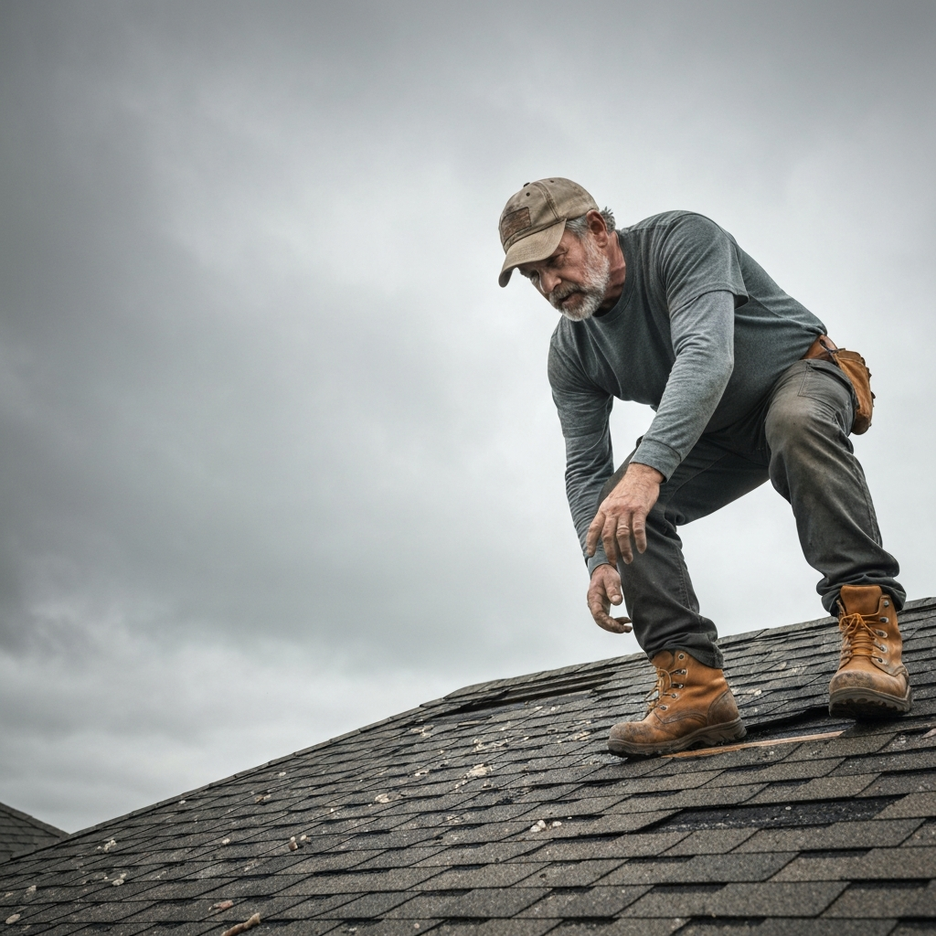 Roofing contractor inspecting storm damage
