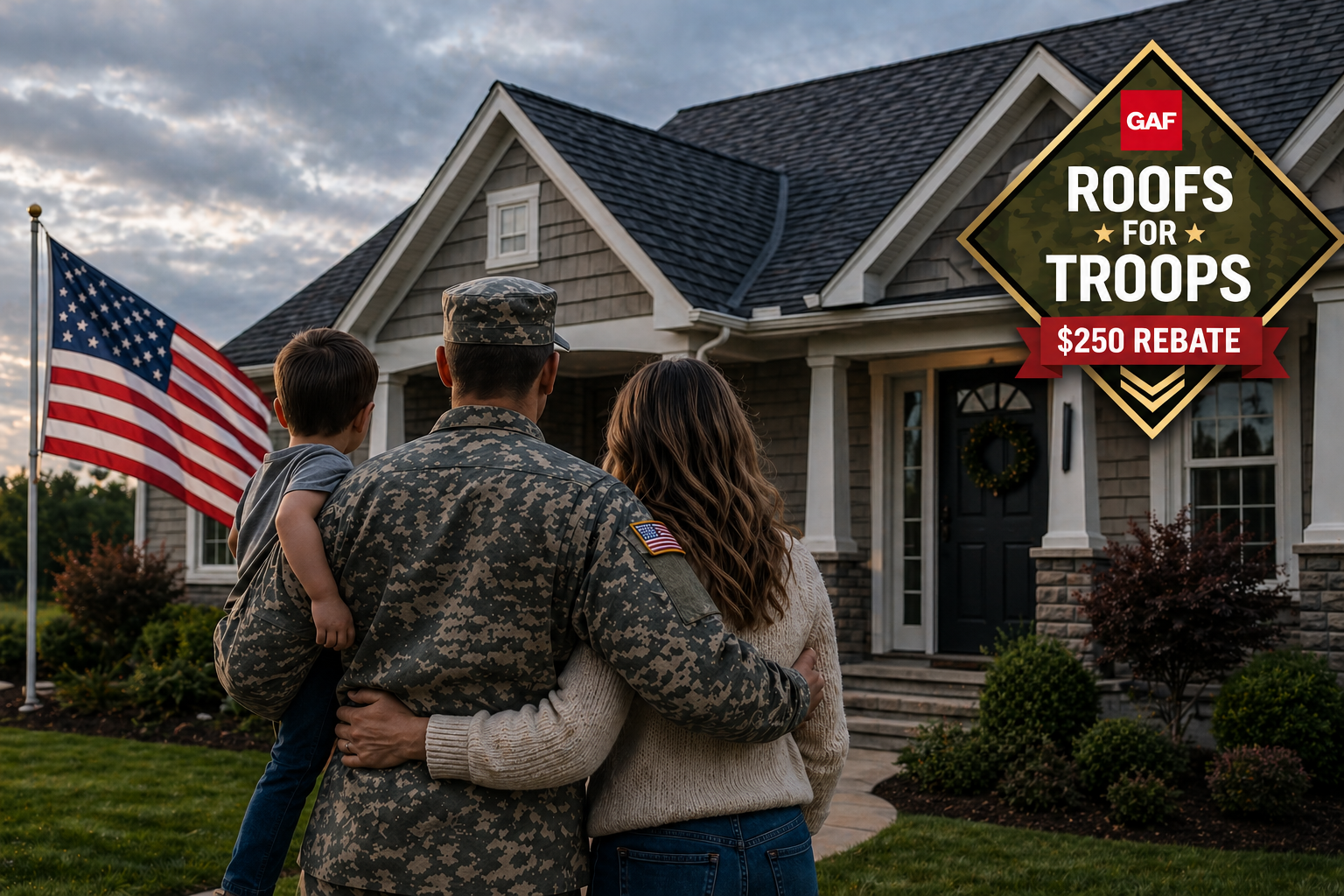 Military family in front of home - GAF Roofs for Troops $250 Rebate