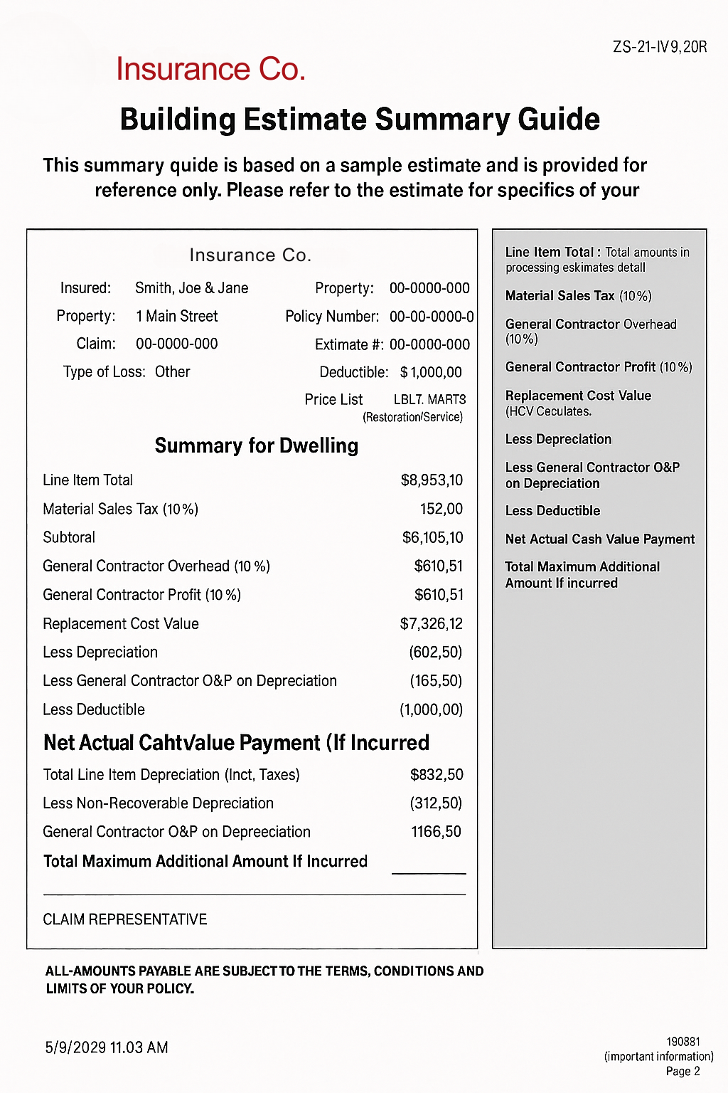 Sample Insurance Estimate Summary Guide