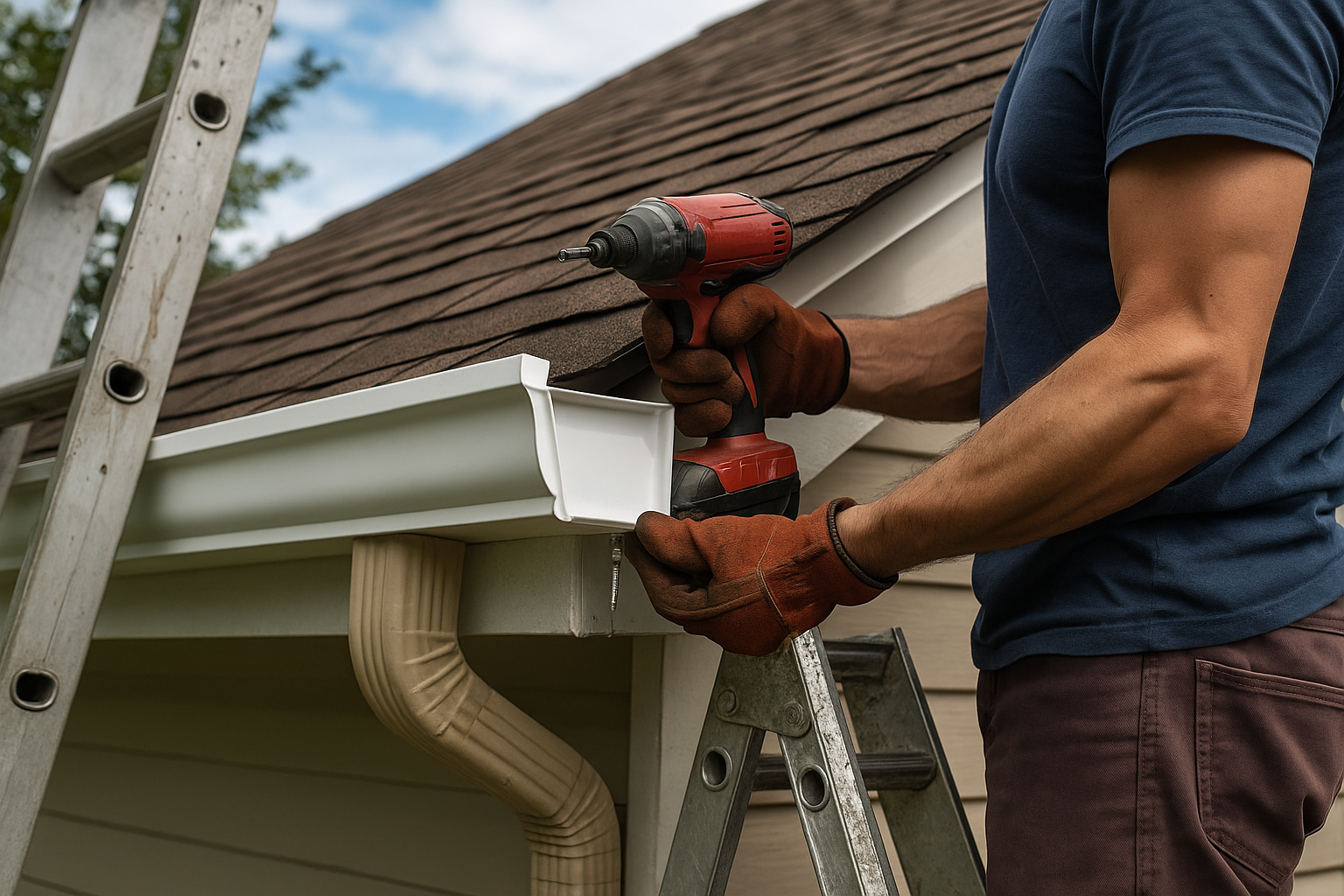 Seamless gutter installation on residential home