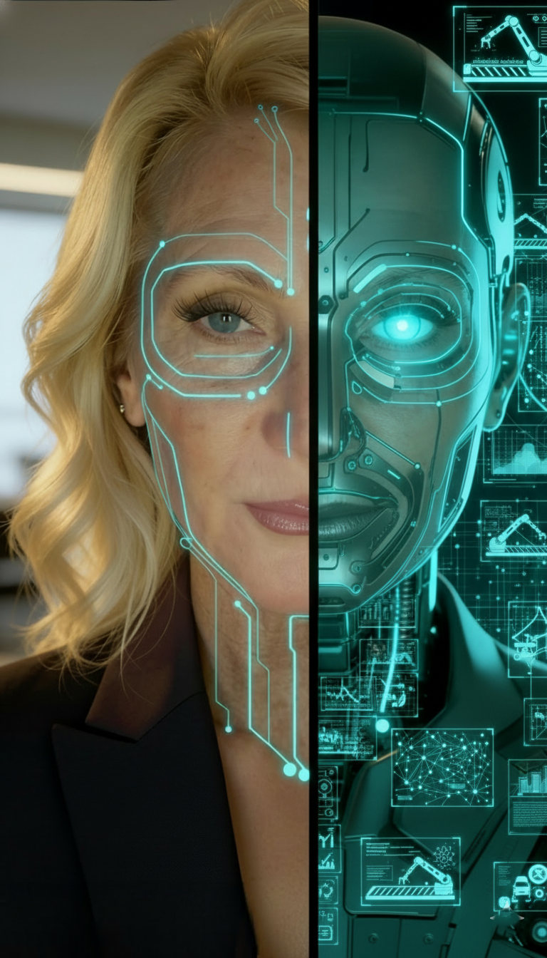 Human and AI face split showing the future of business automation