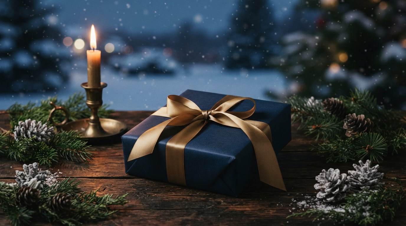 GiftSuite Holiday 2026 — navy gift box with antique gold ribbon in a warm winter scene