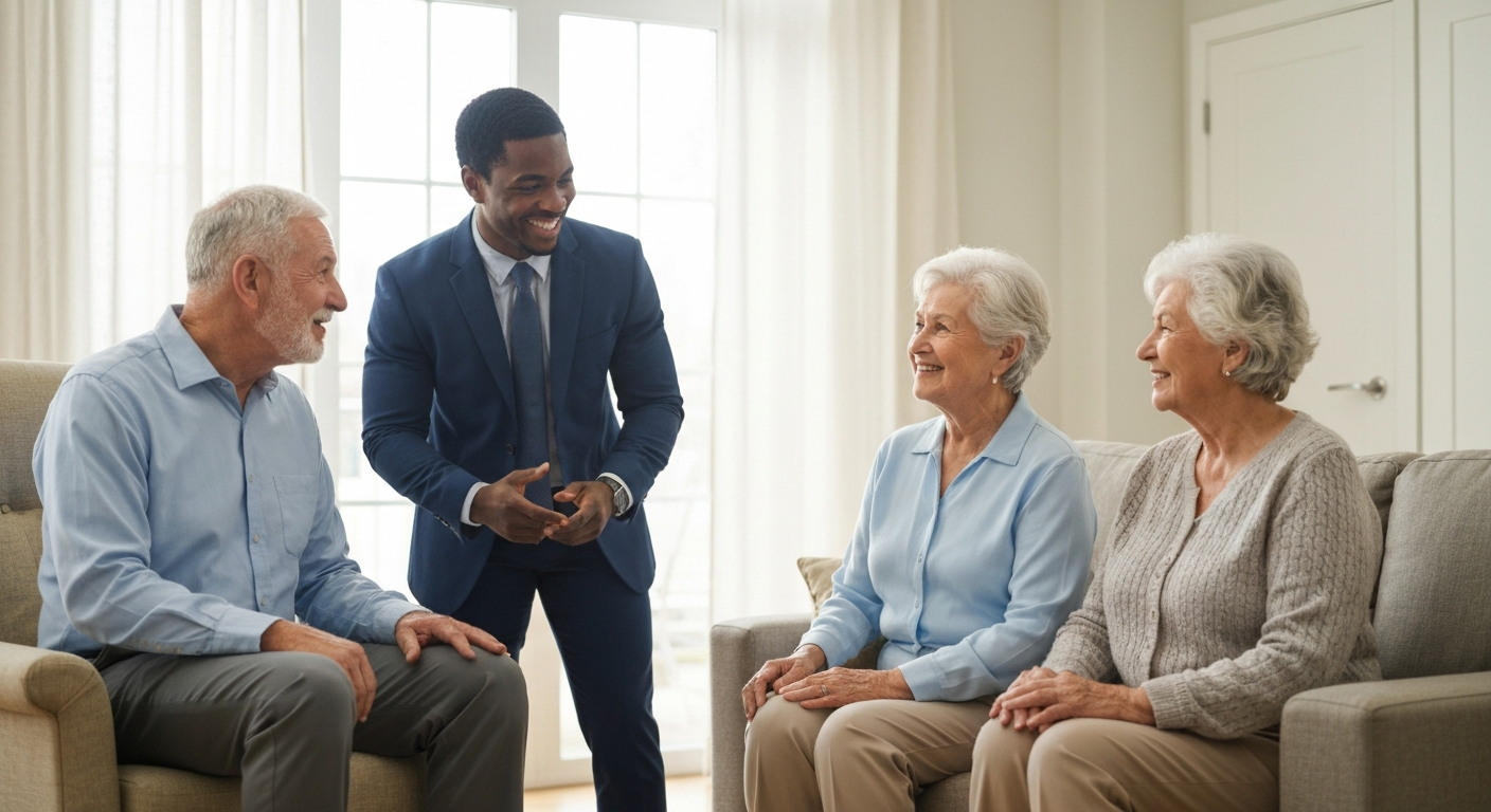 Healthcare insurance broker explaining PACE to three people.