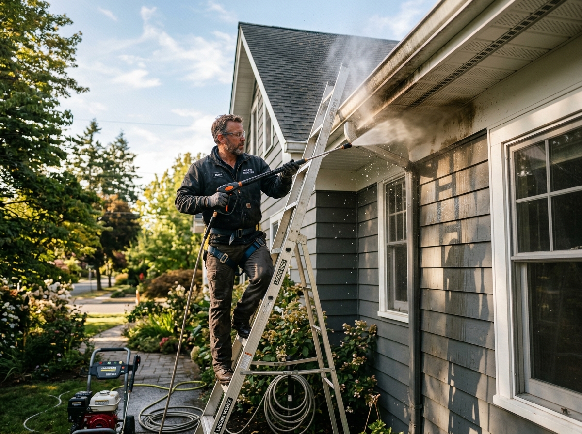 Professional handyman pressure washing a house