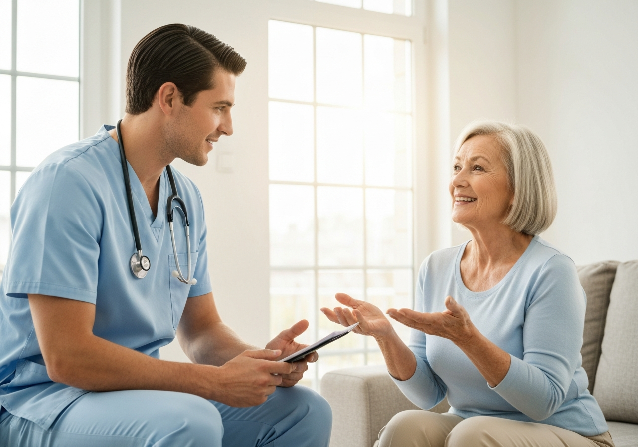 Medical professional consulting with patient at home
