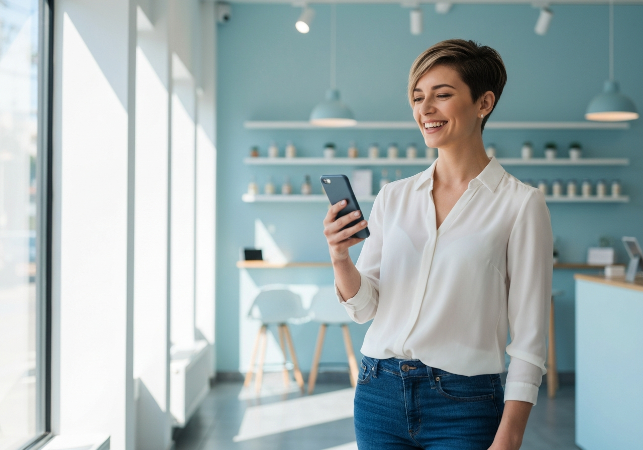 Happy business owner using AuraBoost