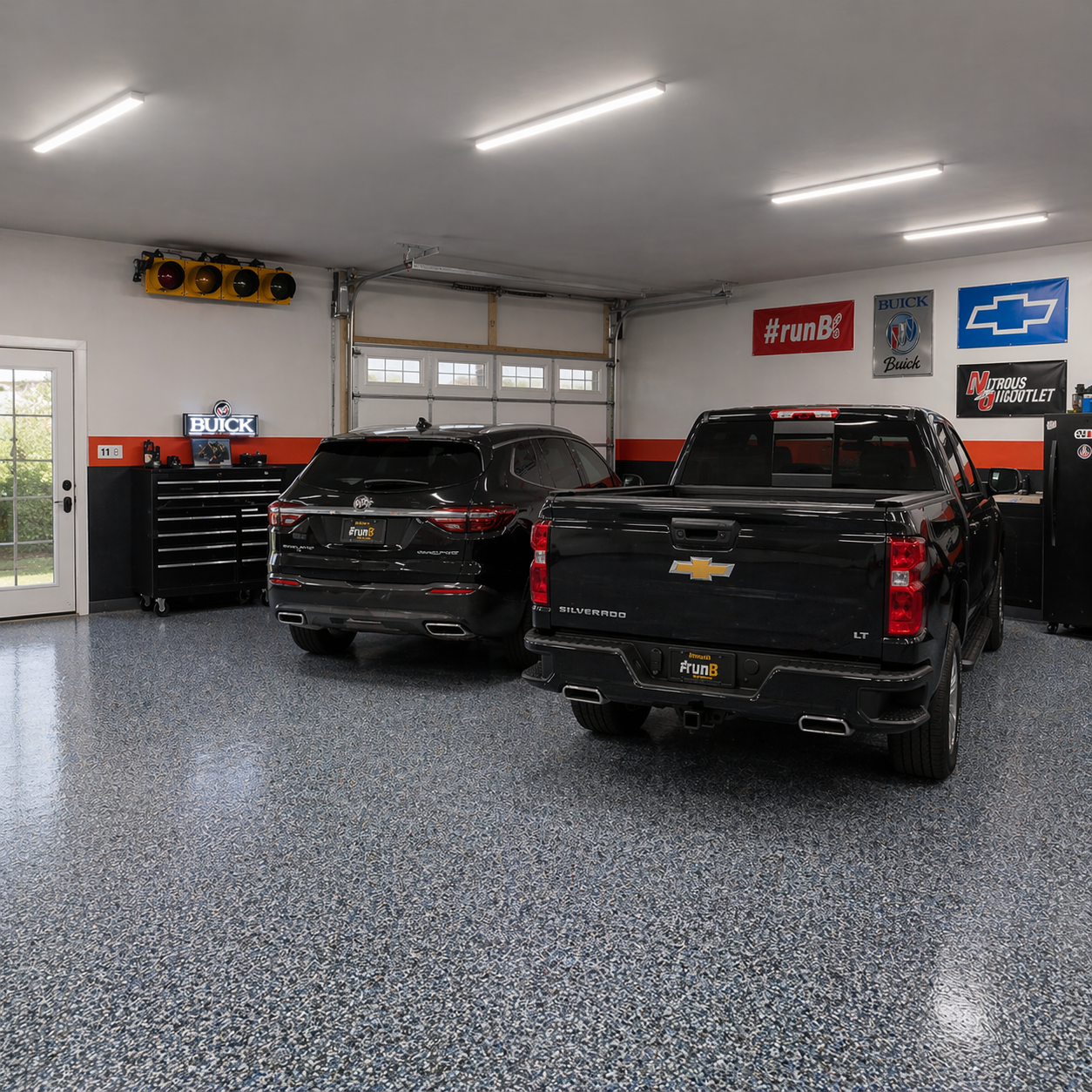 Cars parked on epoxy floor