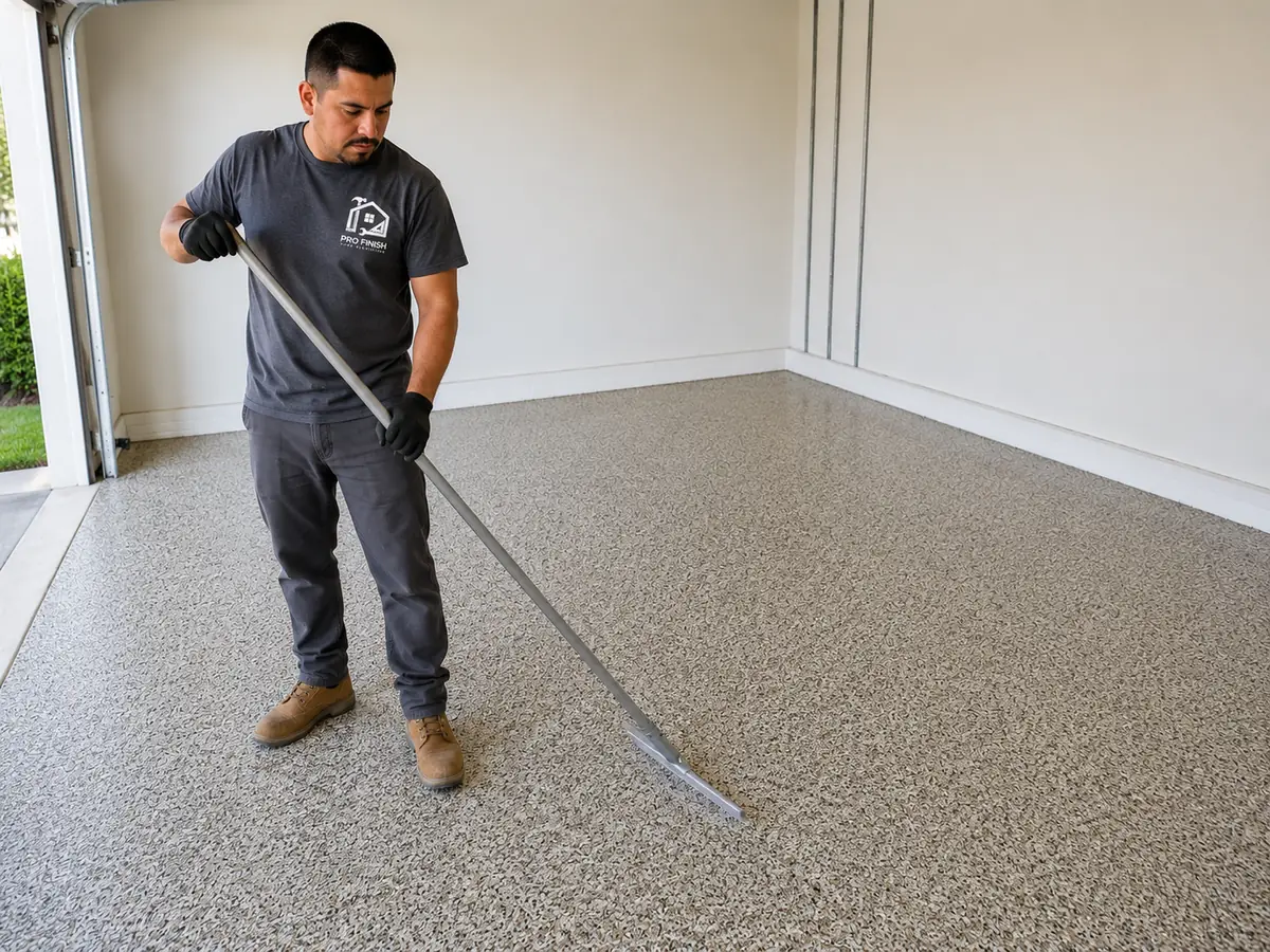 Worker spreading flakes on garage floor