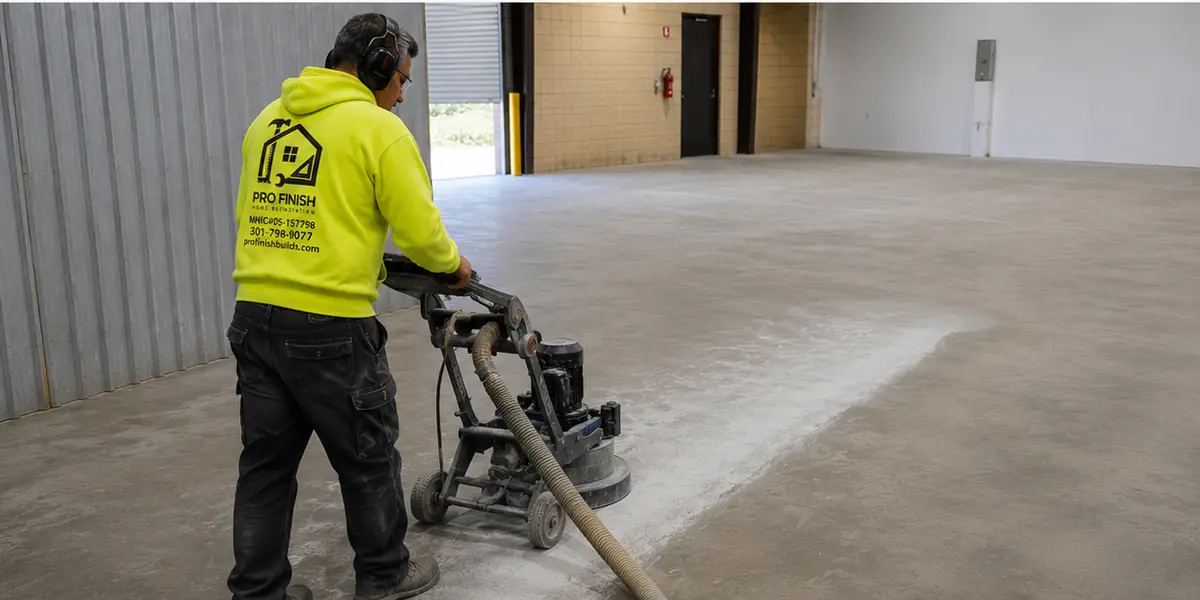 Worker grinding concrete floor