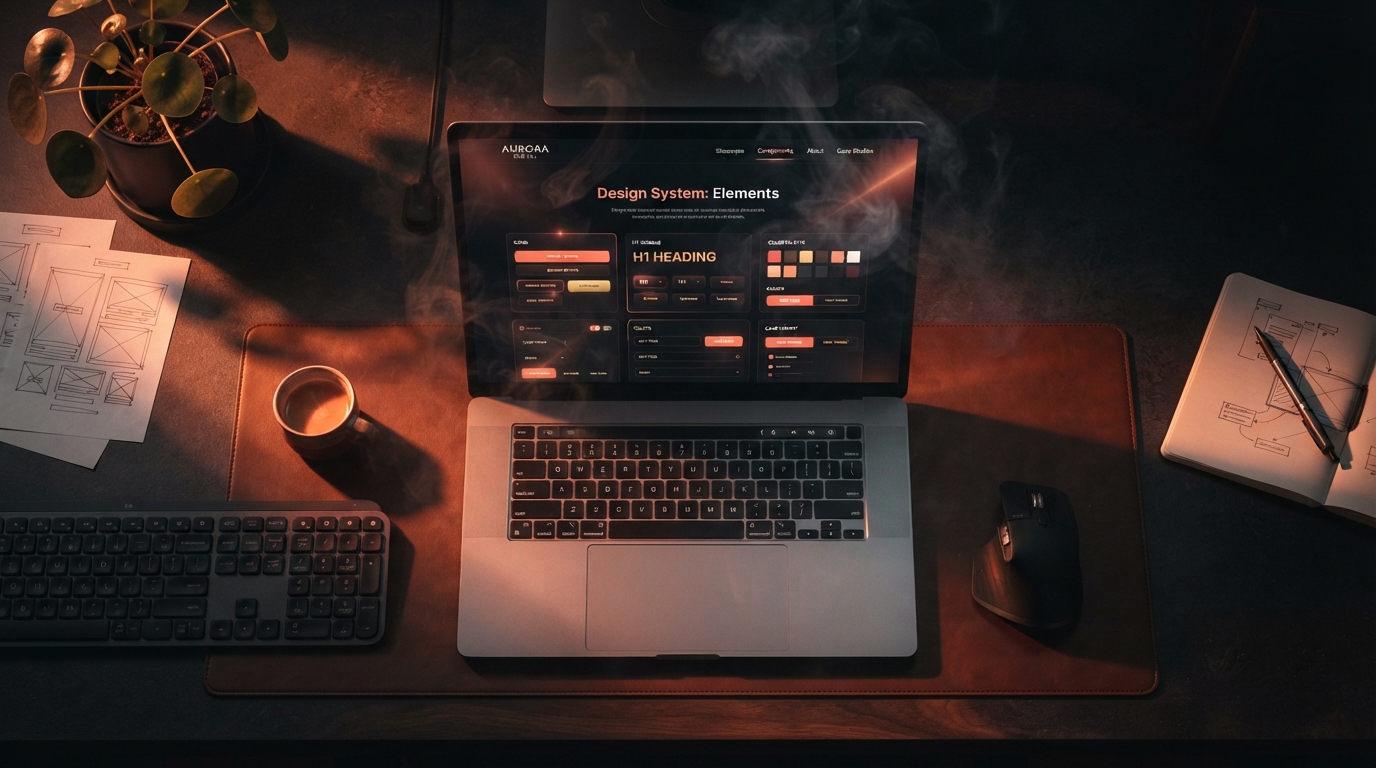 Laptop displaying a freshly baked AI website design with warm ember and coral lighting