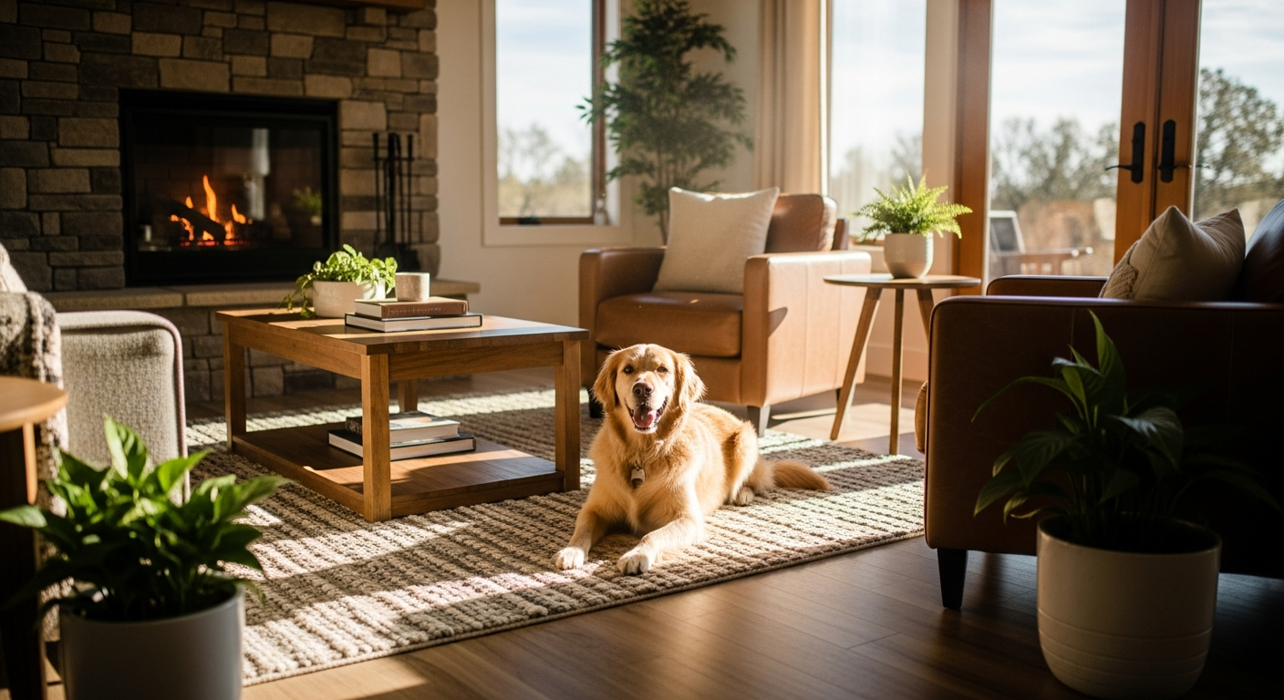 Happy golden retriever in a beautiful home