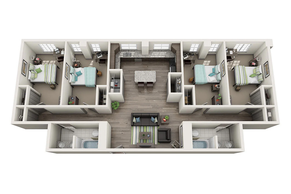 3D floor plan bird's eye view showing room layout and furniture