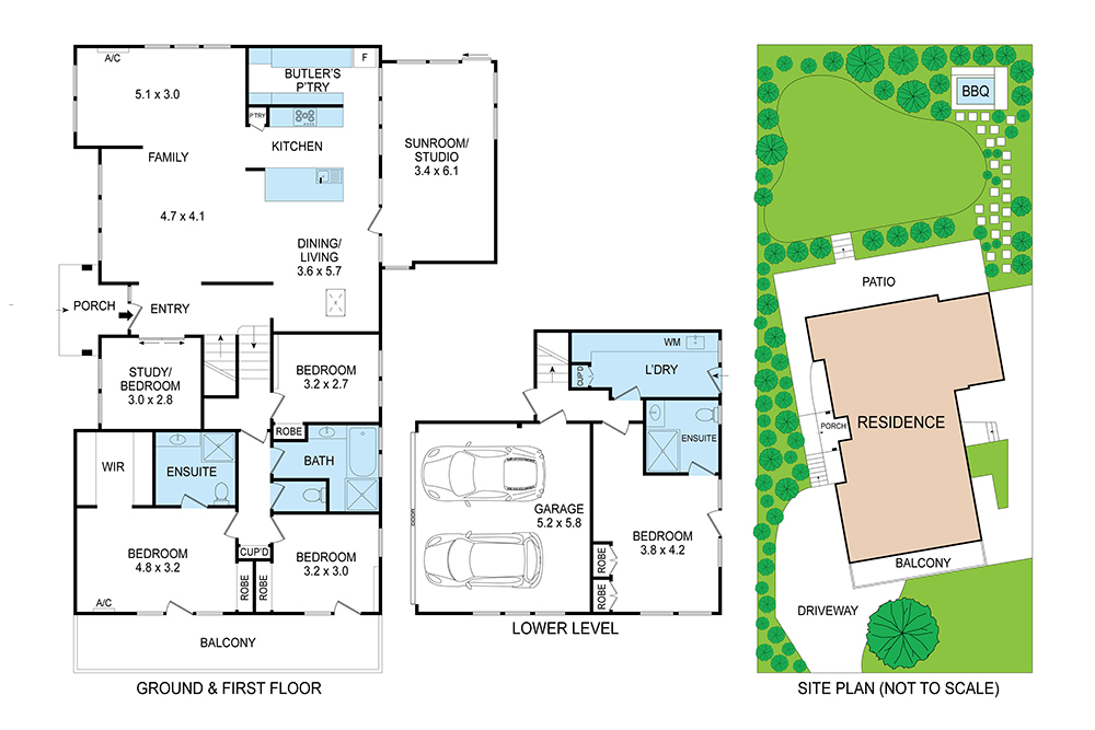 2D floor plan showing ground floor, lower level and site plan