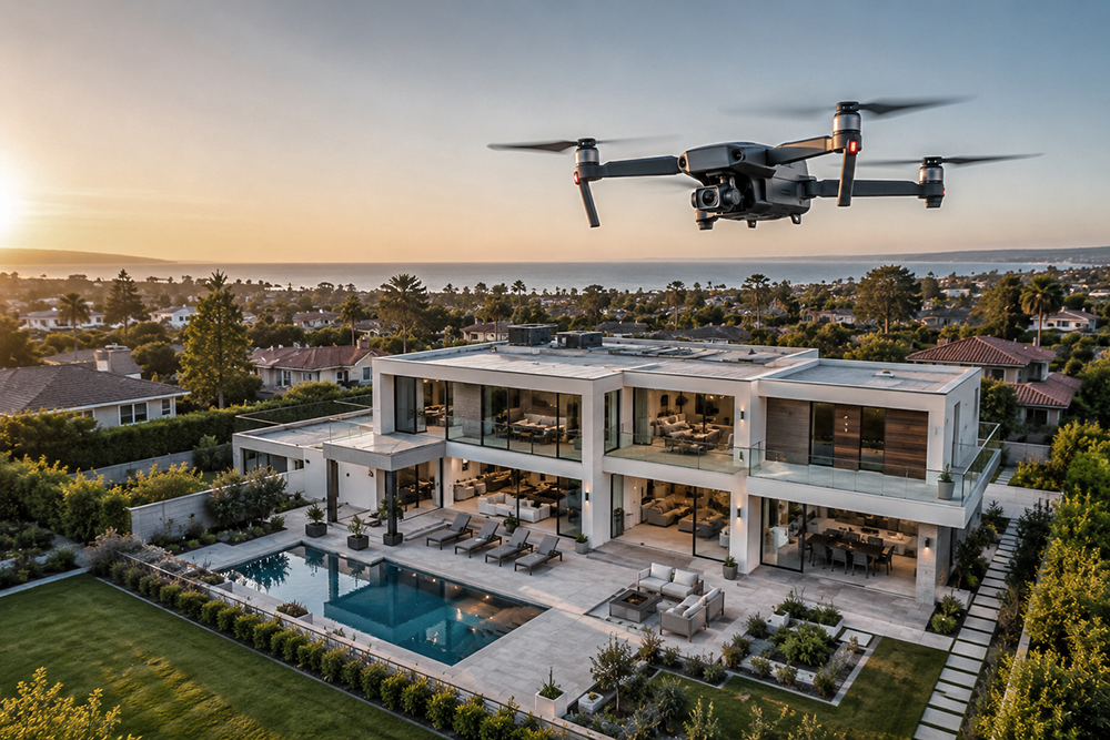 Drone flying over a modern property