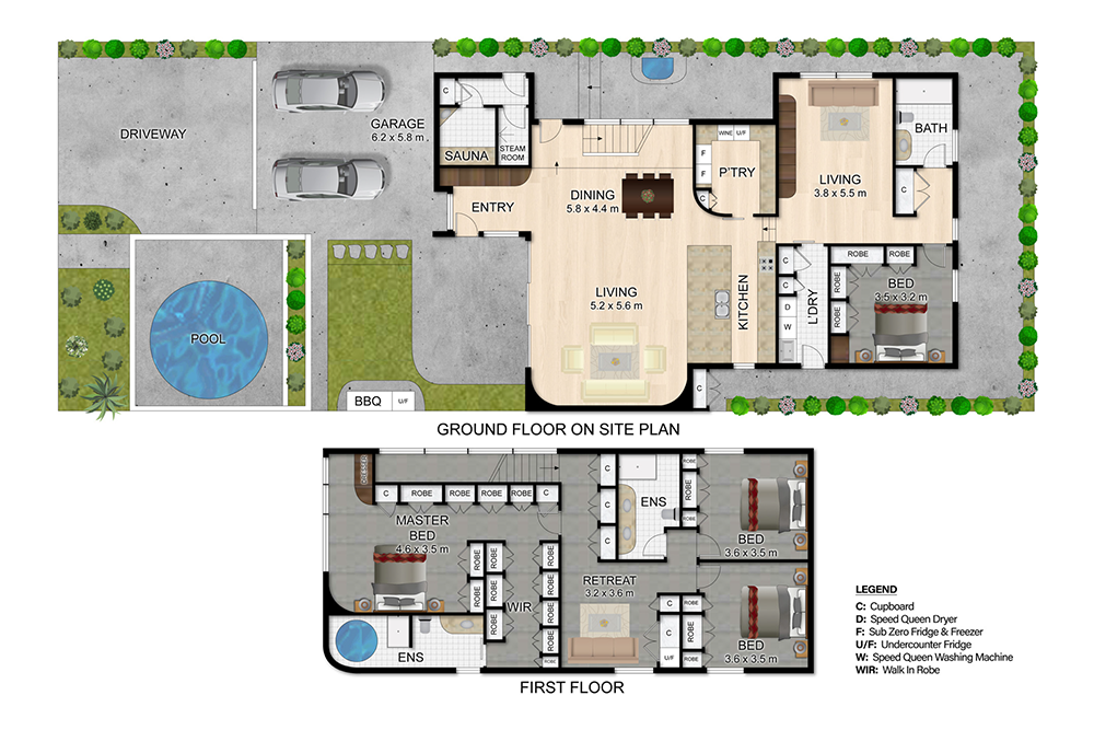 Coloured 2D floor plan showing first floor and ground floor on site plan