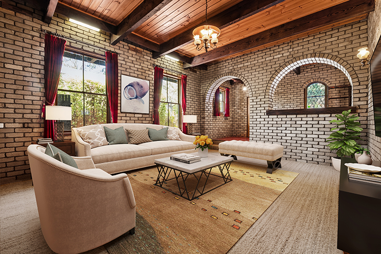 Brick room virtually staged with contemporary furniture