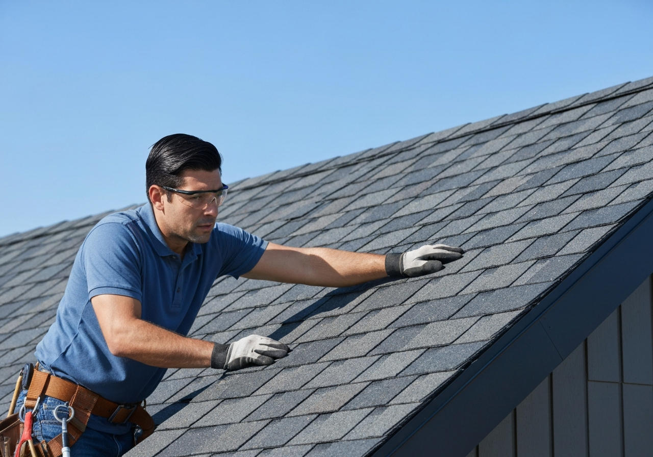 Professional roofing contractor inspecting roof