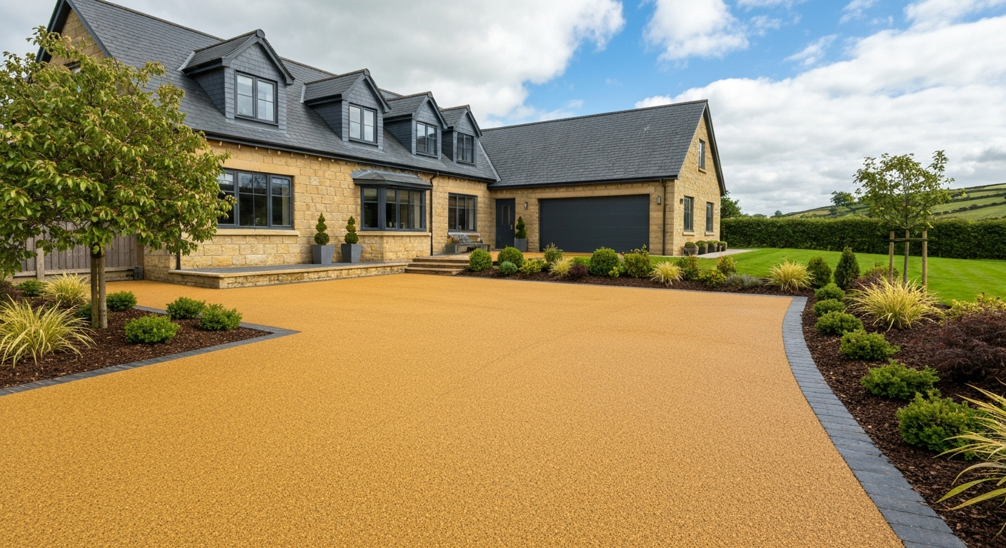 Completed golden resin bound driveway with steel edge profiles by Pulse Landscaping and Driveways