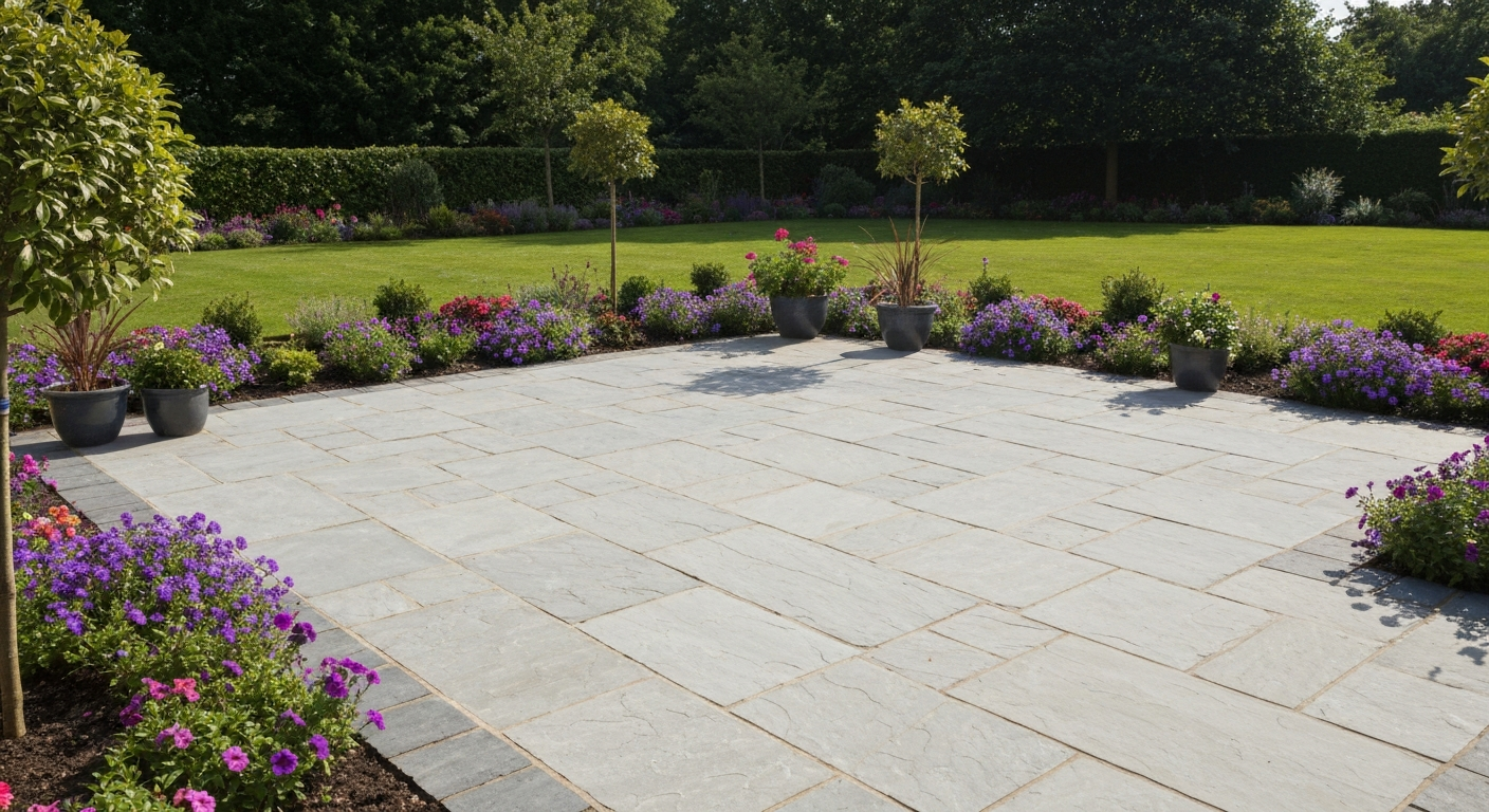 Natural stone patio installed by Pulse Landscaping serving Pontefract and the WF7 area