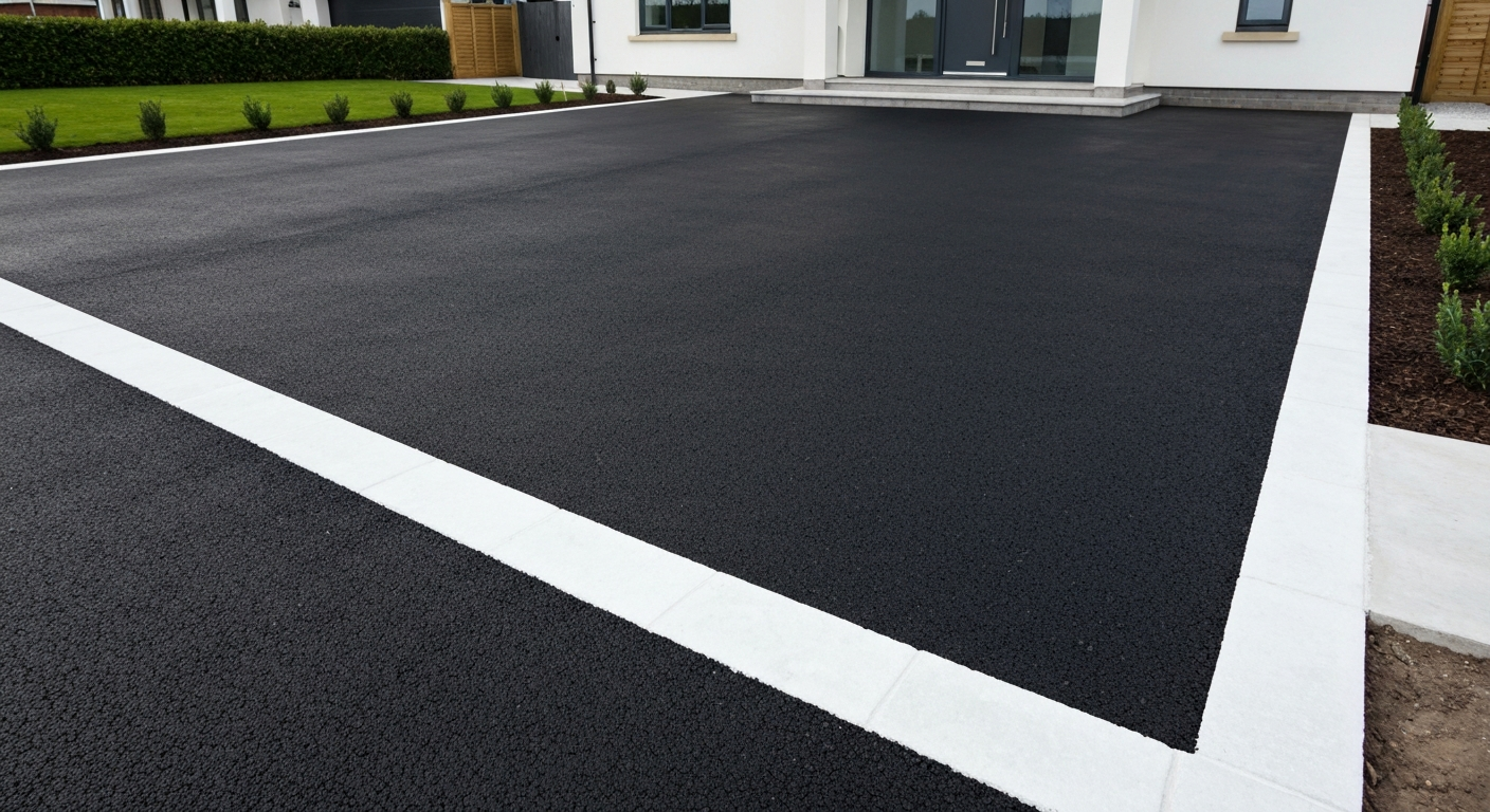 Completed tarmac driveway with clean black finish and kerb edging