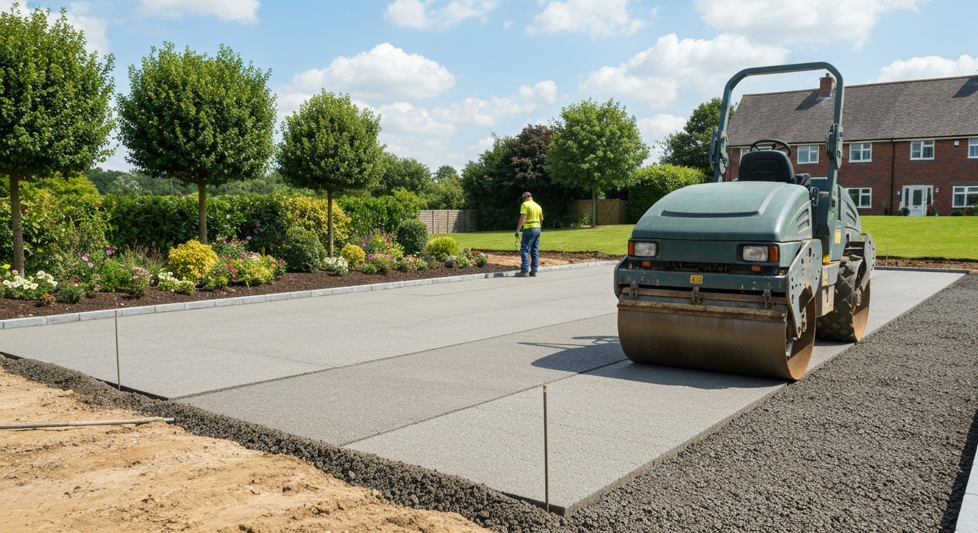 MOT Type 1 sub-base being laid and compacted before tarmac surfacing
