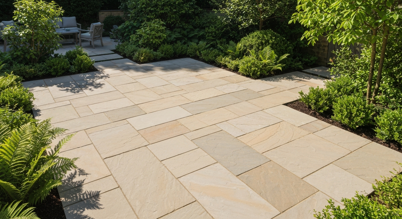 Newly installed Indian sandstone patio in Wakefield garden