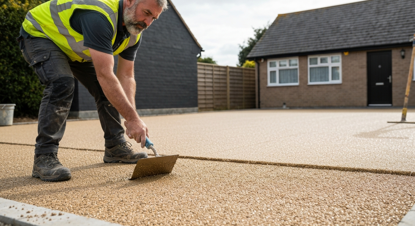 Resin and aggregate being machine-mixed and applied to driveway base in West Yorkshire