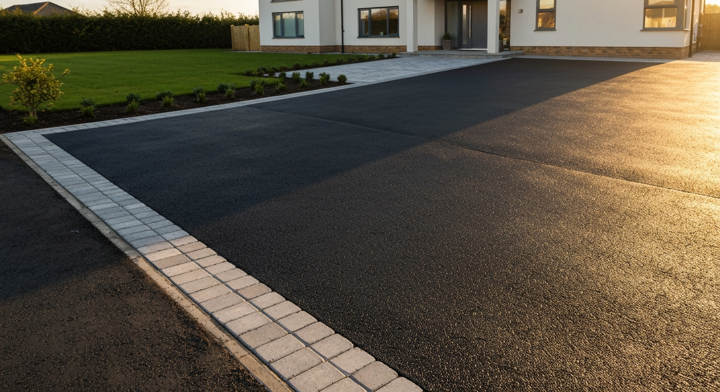 Freshly laid tarmac driveway with block paving edging in Wakefield