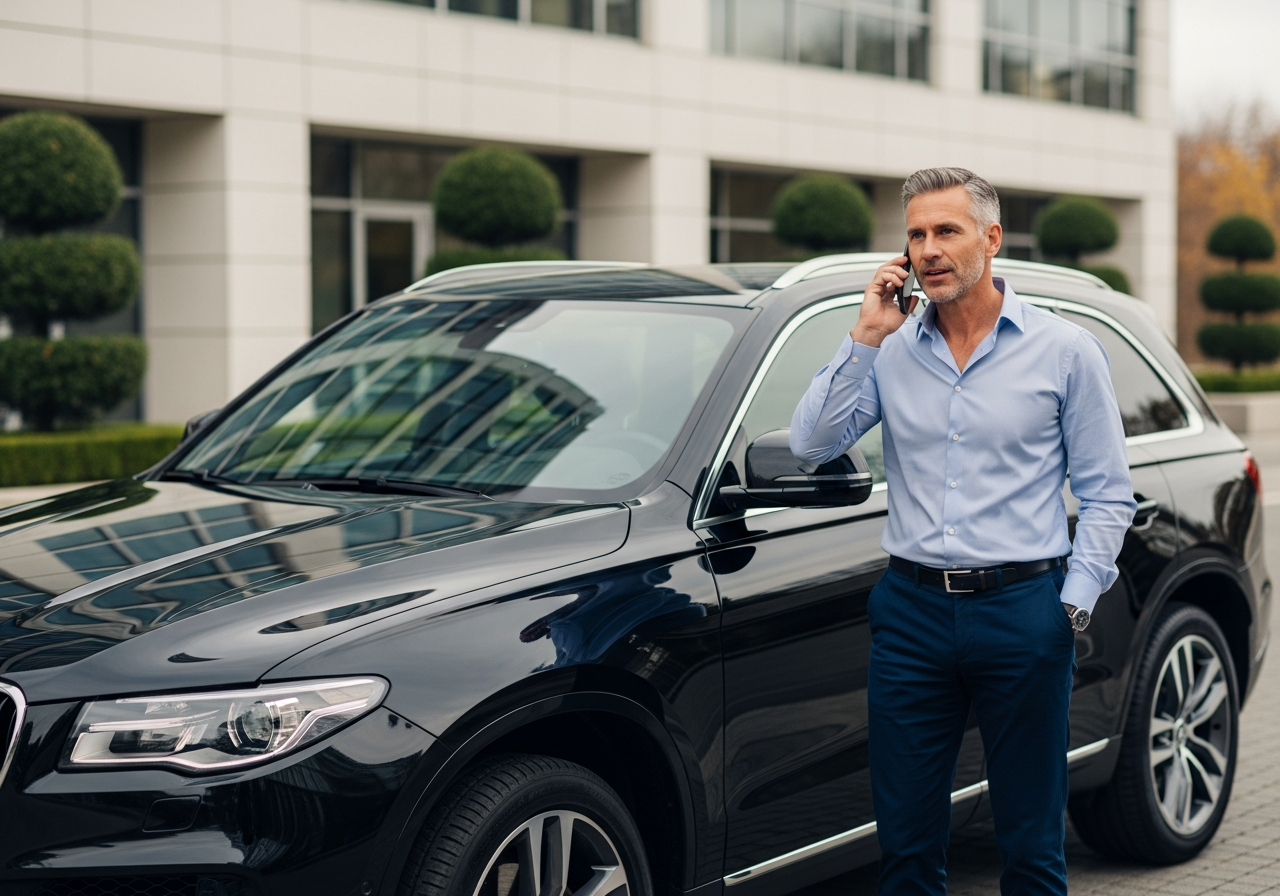 Professional man with grey hair in slacks on the phone next to a clean luxury car - Premium Mobile Detailing in Paducah KY