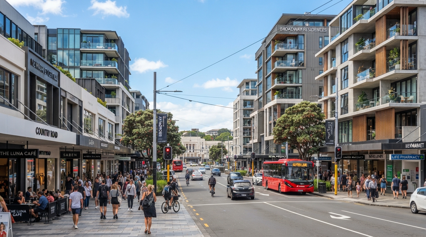 Newmarket, Auckland: high street with modern mixed-use apartments