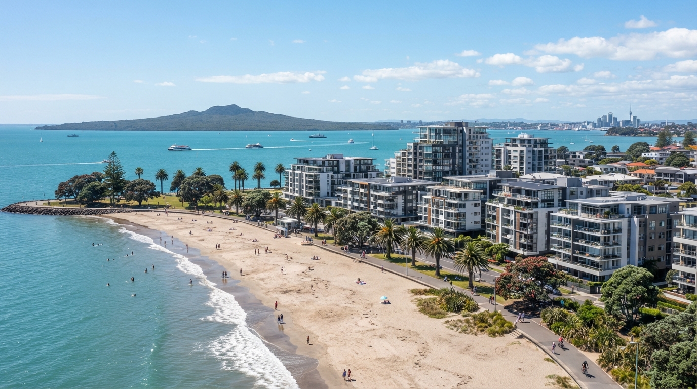 Takapuna beachfront, Auckland: apartments and harbour