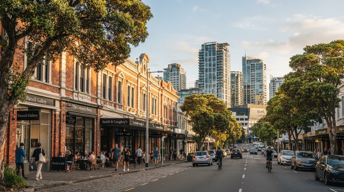 Parnell, Auckland: historic brick buildings and modern apartments