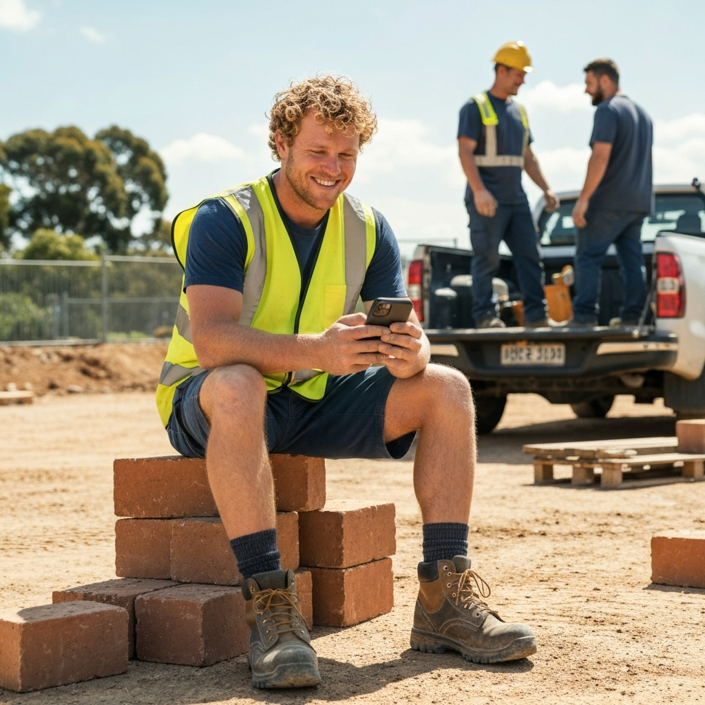 Confident tradie sitting on bricks using the app with his mates
