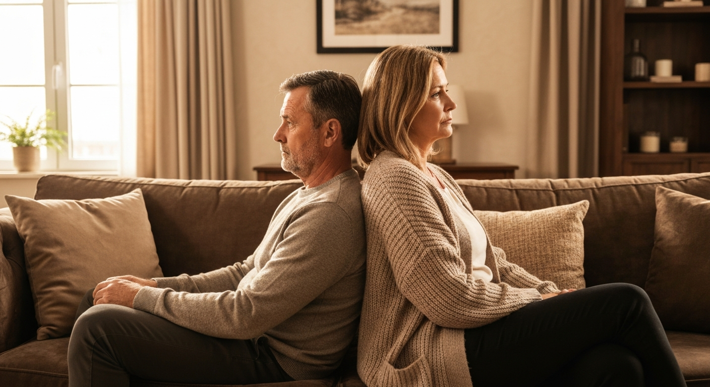 Couple sitting apart, emotional distance in relationship