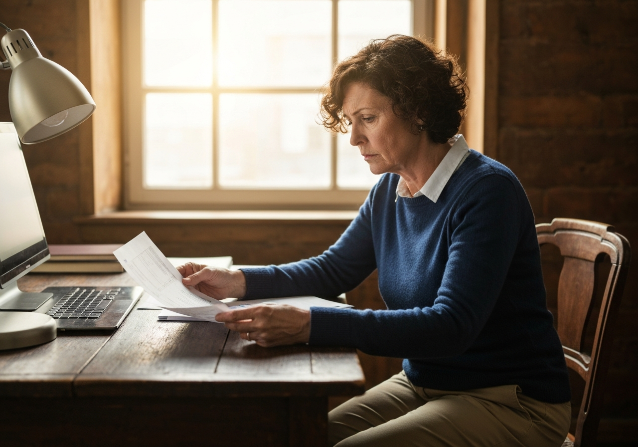 Woman looking at finances with concern