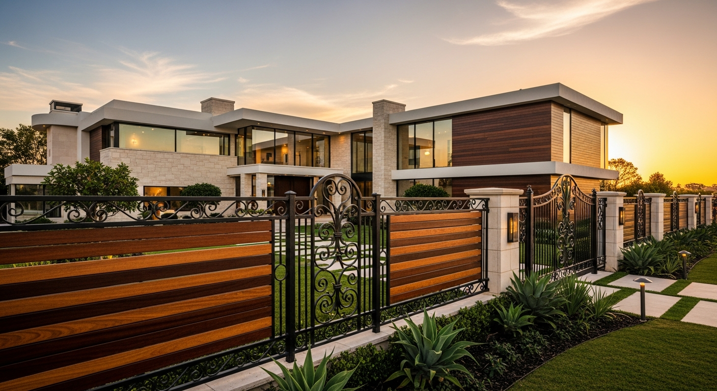 Luxury home exterior featuring high-end wrought iron and wood fence