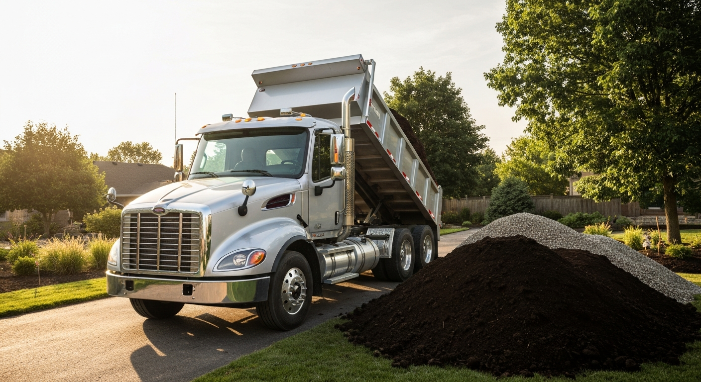 Dump truck delivering topsoil and gravel