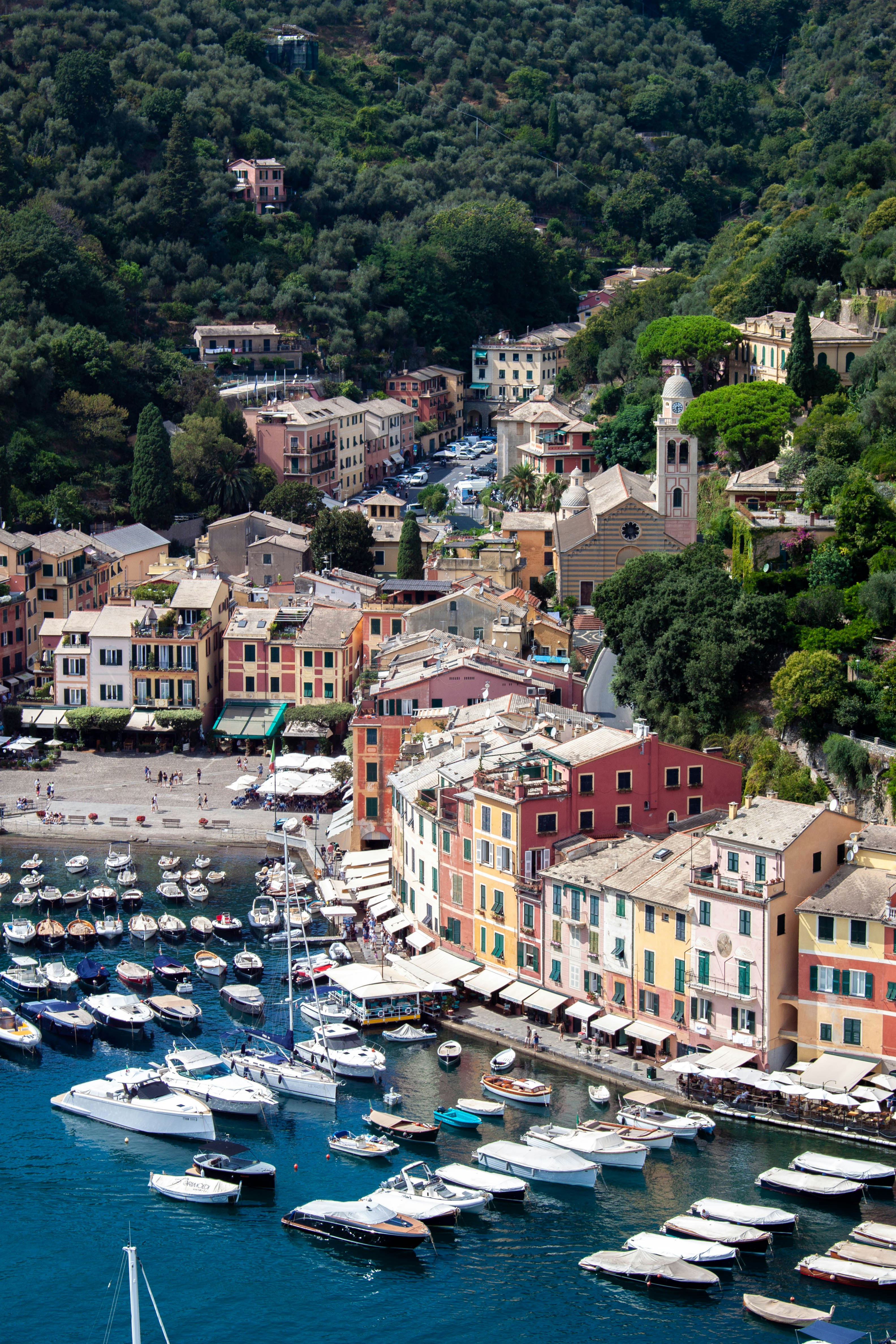 Full harbor aerial with colorful village