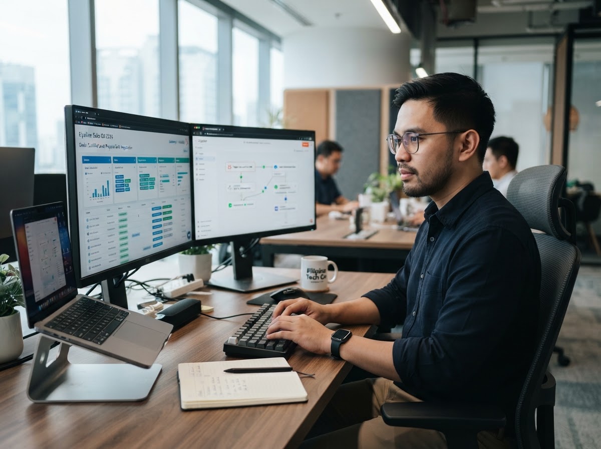 Filipino GoHighLevel specialist working on CRM pipelines and workflow automation