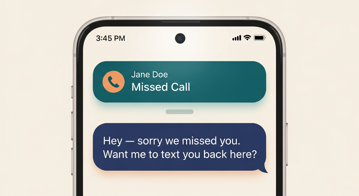 Smartphone showing a missed call turning into an outgoing text reply, illustrating HighLevel's Missed Call Text Back feature.