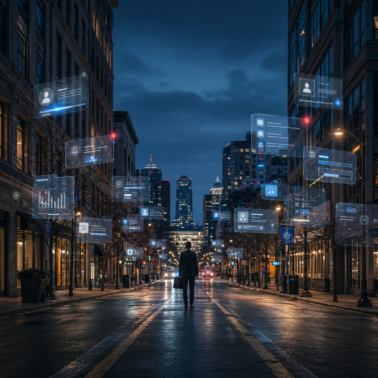 GoHighLevel Review 2026: AI automation and CRM features represented by floating digital UI panels in a modern city.