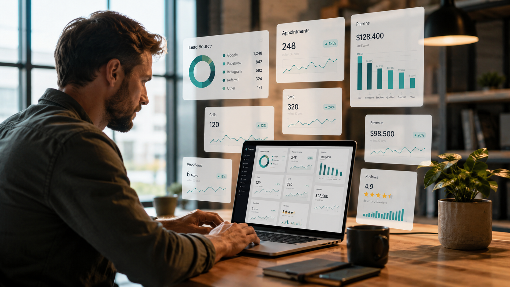 HighLevel visibility dashboard showing lead source, conversations, appointments, pipeline, workflows, revenue, and reputation metrics.