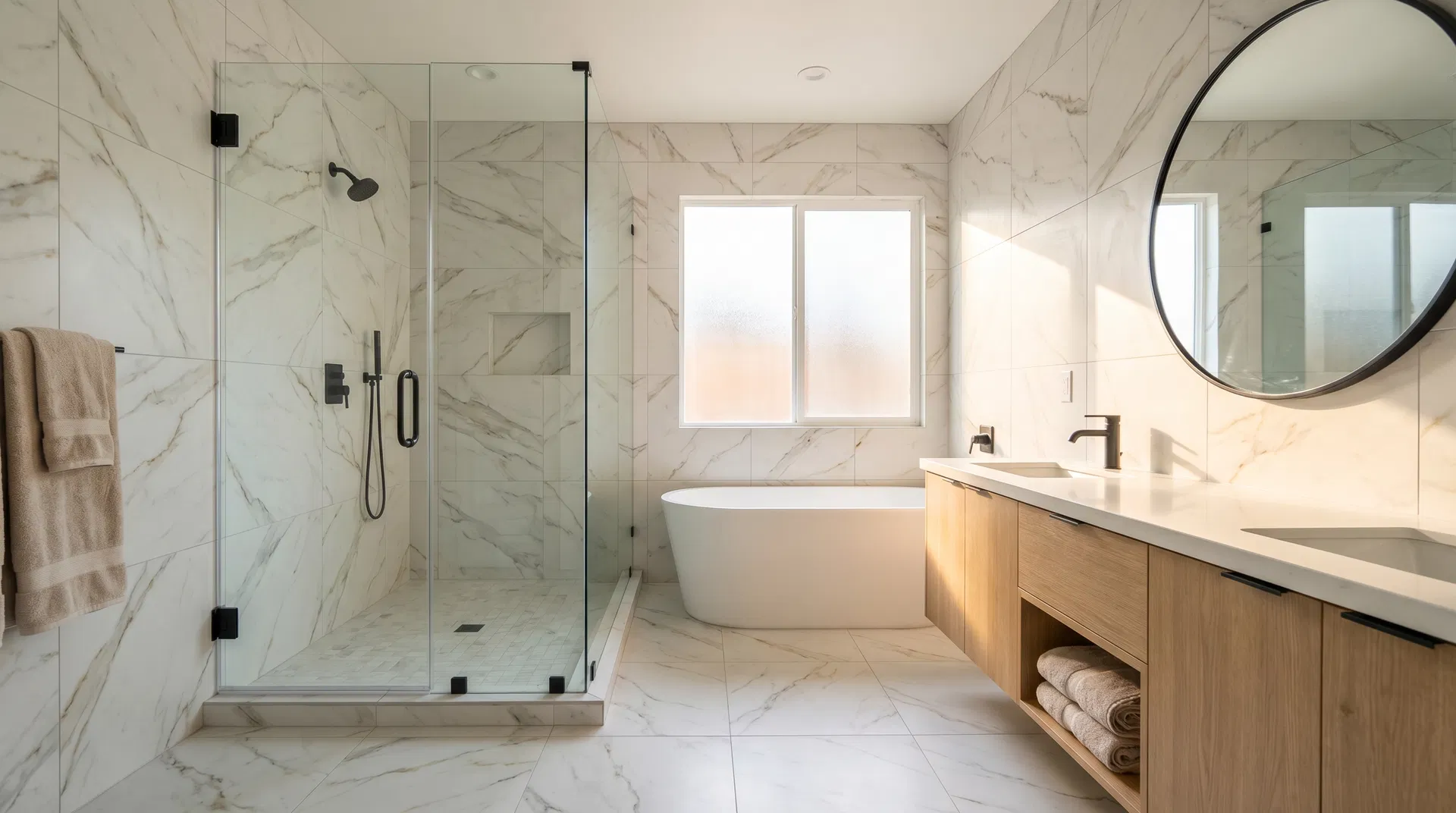 Luxury bathroom with marble tile installation